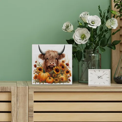 Vista 4 de Decoración de otoño, calabazas, girasol, vaca, decoración rústica, de madera de otoño, decoración de interiores para el hogar, 5 x 5 pulgadas