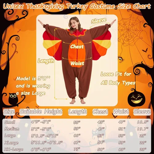 Vista 5 de MORNINGFLY Disfraz de pavo para adultos, disfraz de Acción de Gracias, Halloween, cosplay, pijama de una pieza para mujeres y hombres