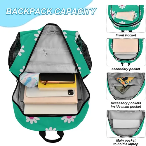 Vista 4 de Daisy Flower Cyan White Book Bag For Boys School Backpacks For Girls With Lunch Box 9-10 years mochilas y loncheras escolares para nias