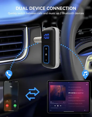Vista 8 de Receptor Bluetooth 5.3 para automóvil, pantalla LED, cancelación de ruido, adaptador AUX Bluetooth de 0.138 in, receptor de audio inalámbrico