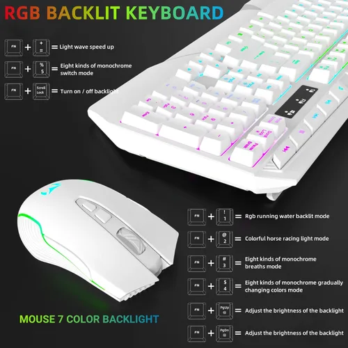 Vista 4 de Combo de teclado y mouse inalámbricos retroiluminación RGB, teclado inalámbrico recargable, reposamuñecas ergonómico, mouse retroiluminado, teclado