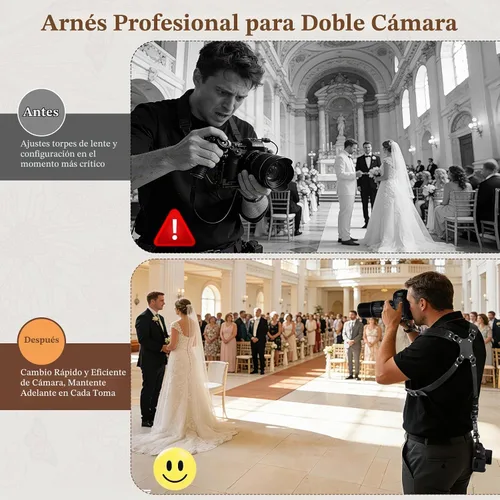 Vista 2 de Jumyee Double Camera Strap for 2 Cameras, Adjustable Dual Camera Harness Shoulder Leather Camera Strap for DSLR/SLR Negro