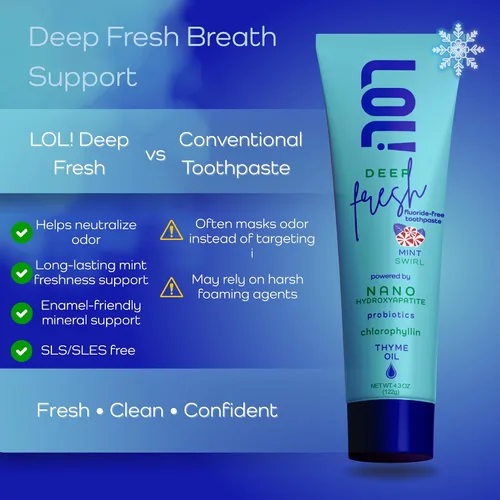 Vista 2 de LOL! Deep Fresh Mint Swirl Pasta de dientes, sin flúor, tratamiento para el mal aliento para adultos Nano hidroxiapatita, probióticos, clorofilina