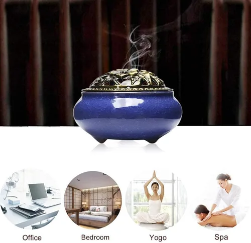 Vista 3 de Quemador de incienso con tapa de latón + soporte de incienso + soporte + tapete de fuego para incienso de palo o disco cónico, para decoración