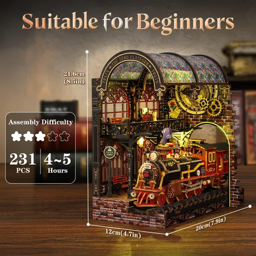 Vista 10 de Kit de rincón de libro, kit de casa en miniatura para adultos, rompecabezas LED 3D estación mágica, kit de rincón de libros, fabricado en madera