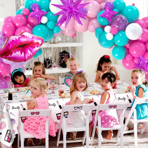 Vista 6 de 127 piezas de suministros de fiesta de spa para niñas, decoración de cumpleaños con guirnalda de globos, globos de papel de aluminio, telón