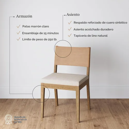 Vista 4 de Nathan James Linus - Silla de comedor tapizada moderna con patas de goma maciza en un acabado marrón cepillado con alambre, marrón claro Marrón