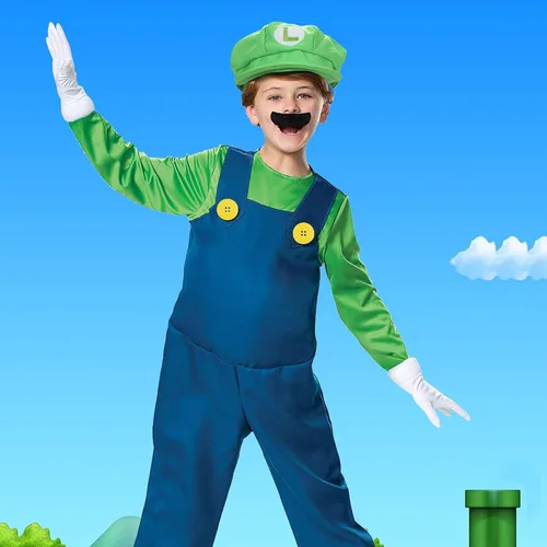 Vista 2 de Lomealy Super Bros Gorras Gorras Bigotes Tirantes Elásticos Guantes Botones Cosplay Disfraz