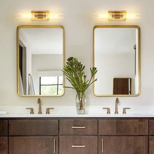 Vista 8 de Apliques de pared modernos de latón y vidrio, luces de tocador de 24 pulgadas para baño, 2 luces, aplique de pared lineal horizontal o vertical