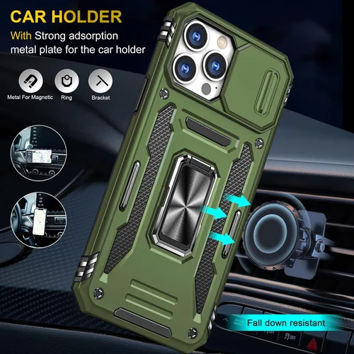 Vista 5 de Funda diseñada para iPhone 13 Pro Max con soporte y funda para cámara, funda protectora contra caídas de grado militar integrado con soporte