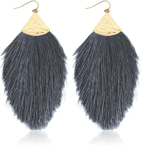 Vista 25 de Aretes bohemios de hilo sedoso con flecos y borlas – Ligeros, colgantes, con hebras y forma de pluma Fleco de plumas - Azul Aqua
