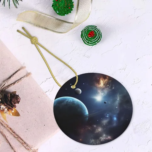 Vista 5 de Adorno de Navidad redondo colgante de Navidad, luna, estrellas y planetas, árbol de Navidad, cerámica, adorno colgante de cerámica personalizado