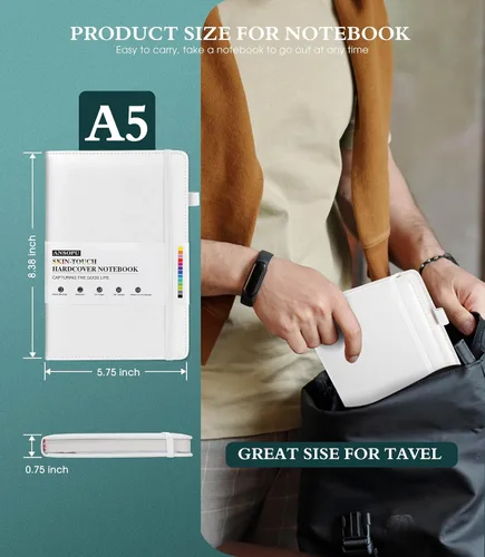 Vista 4 de Ansopu - Cuaderno de diario forrado para escritura, papel grueso de 100 gsm A5, diario de cuero de tapa dura para mujer y hombre, diario de viaje