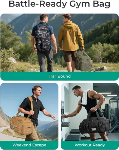 Vista 3 de BAGSMART Bolsa táctica de gimnasio para hombres, bolsa de lona de 22 litros para viajes con compartimento para zapatos, mochila táctica 4 en 1