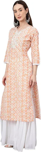 Vista 5 de Janasya Kurta recta impresa algodón melocotón de las mujeres indias para las mujeres