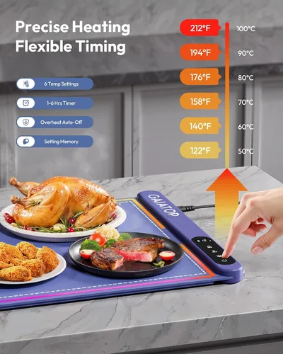 Vista 2 de Gaiatop Tapete de calentamiento para alimentos con salvamanteles y luz, tapetes de calentamiento de alimentos abundantes para encimera, 6 niveles