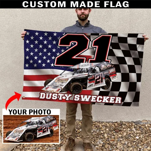 Vista 3 de Sprint Car Racing - Foto personalizada, nombre y número de carreras de bandera estadounidense a cuadros para amantes de las carreras de pista