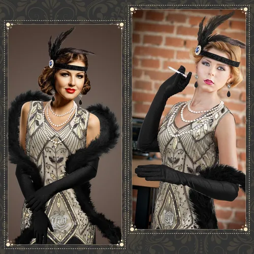 Vista 4 de Shinymoon Vestido vintage de lentejuelas con flecos de los años 20, cuello en V, vestido de lentejuelas con flecos y accesorios de los años 20