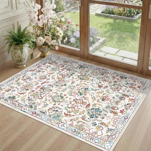 Vista 15 de Alfombra de área pequeña de 2 x 3 pulgadas, color beige, para entrada, baño, cocina, antideslizante, de pelo bajo, lavable, moderna alfombra bohemia