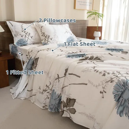 Vista 2 de QSH Sábanas 100% Algodón para Cama Tamaño King, Patrón de Plantas Florales Blancas Botánicas de Lujo de Algodón con Estampado Floral Ropa de Cama