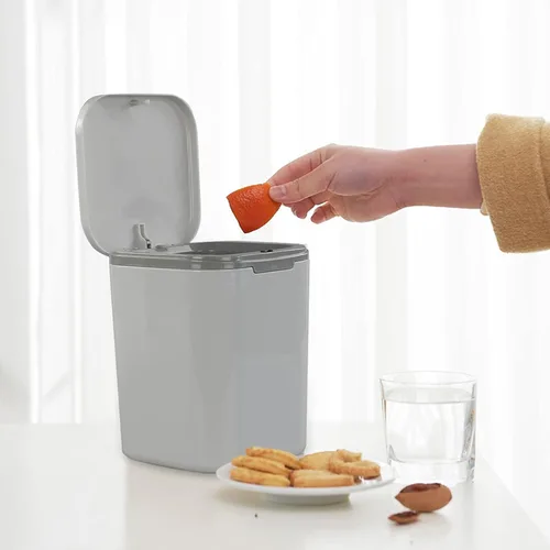 Vista 4 de Morcte - Cubo de basura pequeño de 0.5 galones, mini bote de basura gris para escritorio Mini papelera de escritorio, tapa de botón
