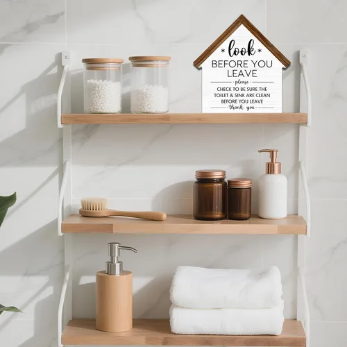 Vista 5 de Decoración rústica de baño, letrero de bloque de madera con forma de casa de campo con forma de ayuda a mantener el lavabo del inodoro, decoración