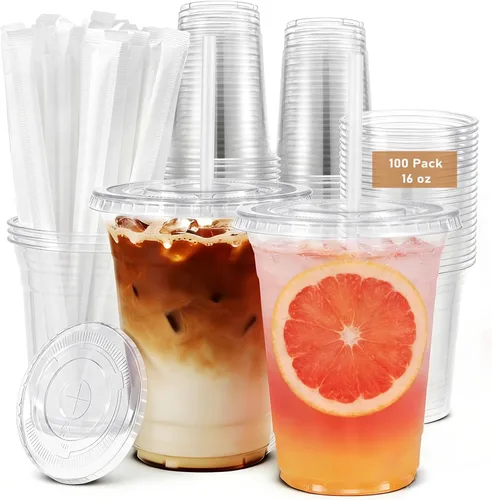 Vista 8 de Tazas de café helado To Go de 16 onzas con tapas y pajitas, paquete de 25 vasos desechables de plástico transparente con tapas para café helado