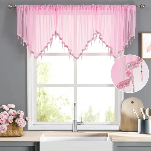 Vista 8 de WUBODTI Cortinas transparentes con cenefa con cuentas negras para ventanas, 1 unidad, cenefas de cortina semitransparentes para dormitorio y cocina