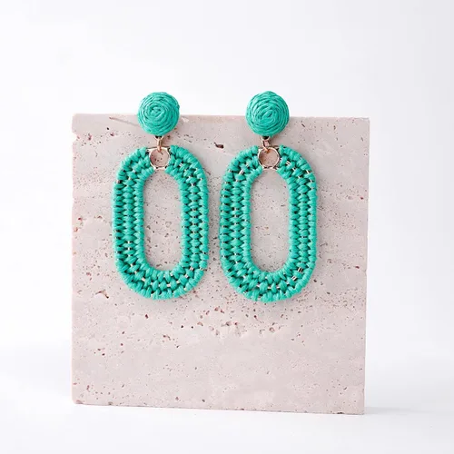 Vista 4 de SELFWIMG Pendientes de rafia llamativos aretes bohemios geométricos ovalados para playa de verano