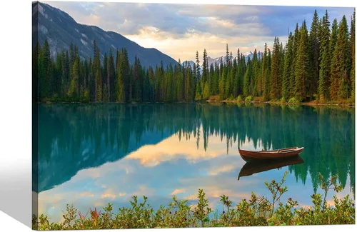 Vista 17 de SD SOFT DANCE - Lienzo de pared con paisaje del lago natural: arte de la naturaleza con escena de atardecer, bosque y montañas, pintura panorámica