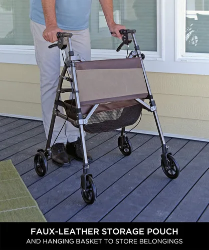Vista 6 de Signature Life Elite Travel Rollator Short Junior plegable y ligero de cuatro ruedas con asiento para adultos, personas mayores y ancianos, pequeña