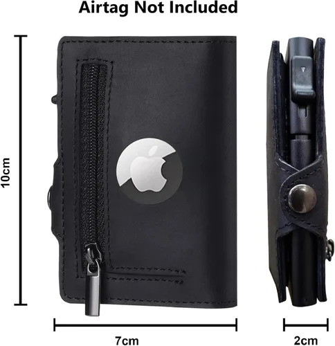 Vista 2 de TNE AirTag - Billetera de cuero genuino para tarjetas de crédito para hombres Bloqueo RFID Mini plegable automático de aluminio con cremallera