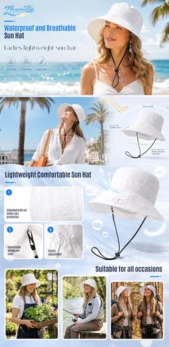 Vista 8 de Waterproof Bucket Hats for Women Packable White Rain hat Sun Hat
