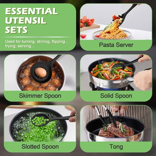 Vista 6 de Homikit - Juego de utensilios de cocina y cacerola de silicona, 15 utensilios de cocina con soporte para utensilios de cocina antiadherentes
