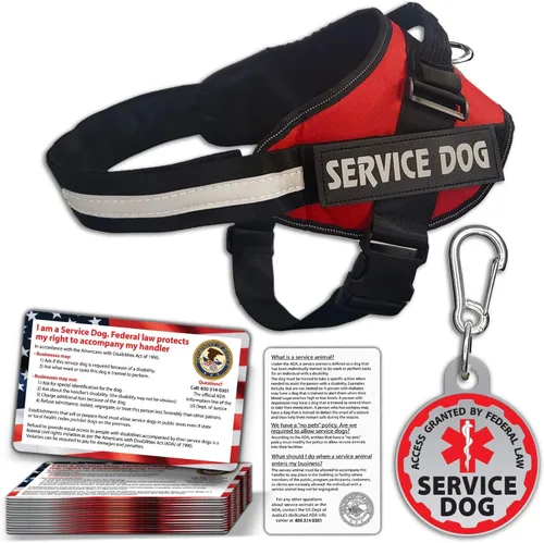 Vista 9 de Chaleco para perro de servicio + etiqueta de identificación, 50 tarjetas de información ADA, arnés con parche en tamaños X S a XXL, metal con clip