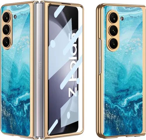 Vista 45 de Funda para Galaxy Z Fold 5, elegante marco galvanizado con vidrio estampado, protector de pantalla integrado compatible con Samsung Galaxy Z Fold 5