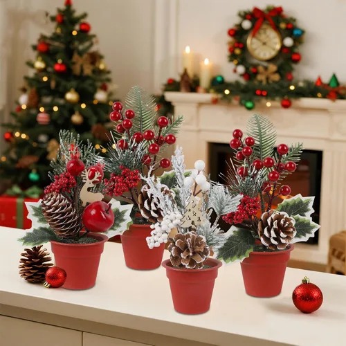 Vista 4 de winemana Mini decoraciones de mesa de árbol de Navidad, 6 piezas de árbol artificial pequeño con piñas y bayas rojas, centro de mesa navideño