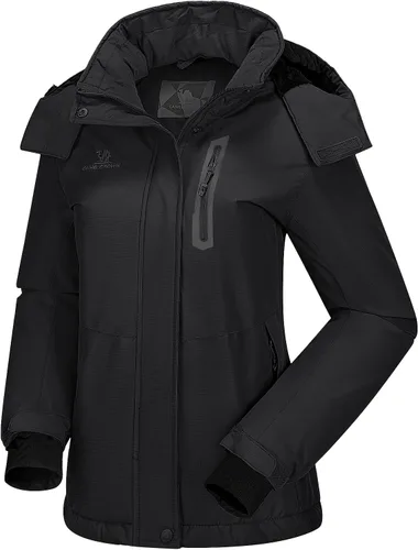 Vista 2 de CAMEL CROWN Chaqueta de esquí para mujer, impermeable, cálida, para invierno, con capucha, rompevientos, rompevientos, resistente al viento