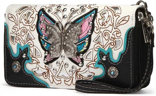 Vista 2 de Estilo occidental primavera mariposa floral corte láser mujer cartera campo negro