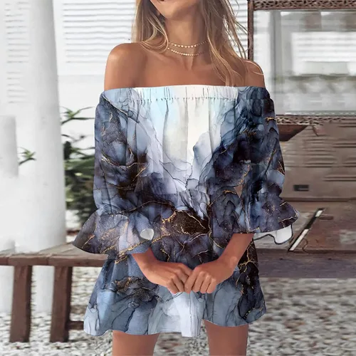 Vista 2 de Ceboyel Vestido floral con volantes para mujer, hombros descubiertos, vestidos de verano estilo skater, bohemio, corto, para crucero, playa