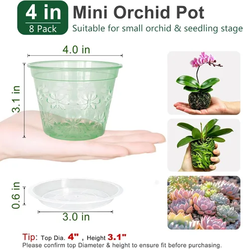 Vista 2 de Maceta de orquídeas, paquete de 8 macetas de orquídeas de 4 pulgadas con agujeros y platillos, verde transparente