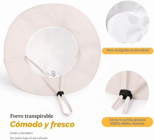 Vista 6 de Sombrero de sol para bebé niña con UPF 50+ sombrero de playa ajustable para exteriores con ala ancha Beige