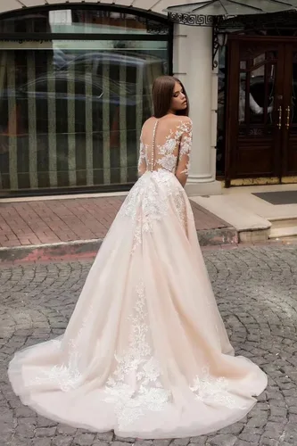 Vista 5 de Vestidos de novia de encaje para novia apliques de tul vestido de baile de manga larga vestido de novia de satén vestido de novia de sirena de noche