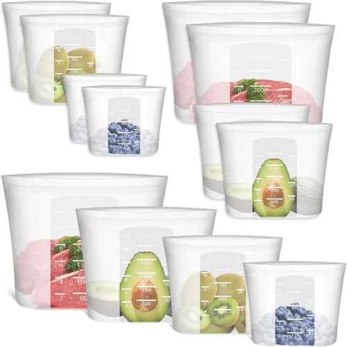 Vista 10 de Bolsas de Alimentos Reutilizables, Paquete de 12 Bolsas de Almacenamiento de Alimentos 100% Silicona que se Mantienen de Pie con Cierre Hermético