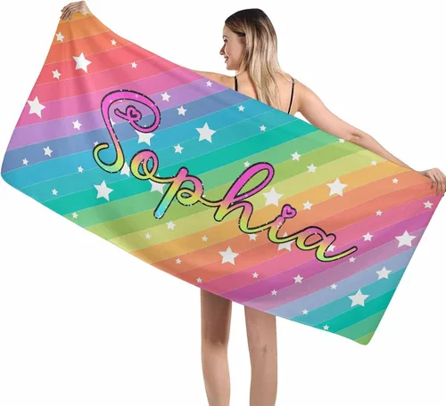 Vista 6 de MyPupSocks Toalla colorida personalizada para niños – Color arcoíris personalizada para viajes, playa, piscina y toallas de baño, toalla con nombre