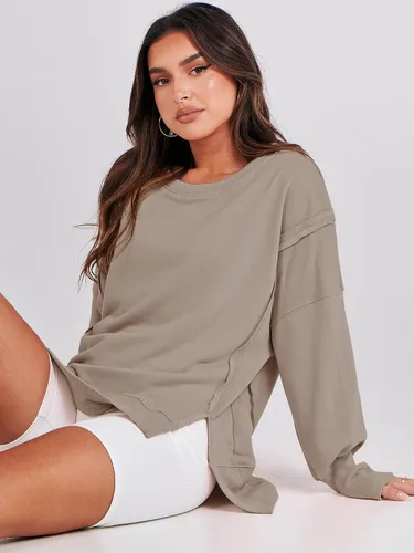 Vista 9 de ANRABESS Sudadera de gran tamaño para mujer, cuello redondo, manga larga, casual, con abertura, sin botones, ropa de otoño