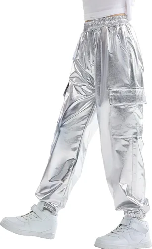 Vista 9 de Rolanko - Pantalones cargo para niñas, ropa callejera holgada, de hip hop, para bailar, de algodón, jogger para niños de 4 a 15 años Verde militar