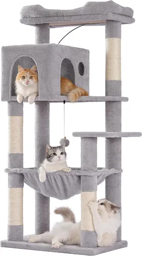 Vista 8 de Árbol para gatos pequeños de 32 pulgadas para gatos grandes, torre para gatos adultos con poste rascador, hamaca grande de 15.7 pulgadas y auto Beige