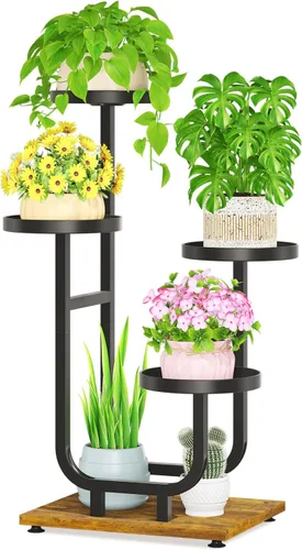 Vista 12 de LASZOLA Soporte para plantas de 5 niveles alto de madera y metal para interiores para macetas de servicio pesado, estante vertical grande