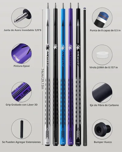 Vista 2 de CRICAL Carbon Fiber Pool Cue Stick Set, 58 Inch Low Deflection Pro Taper Shaft, 12.5mm Tip, 3/8x8 Joint, 3D Wrapless Grip, Hard Case, Extension